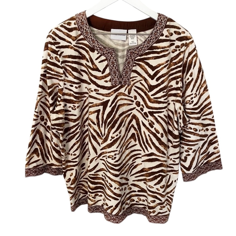 Alfred Dunner Embroidered V-Neck 3/4 Sleeve Animal Tiger Striped Print Top XL